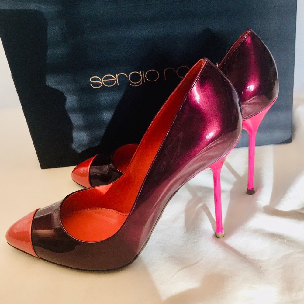 Sergio Rossi 39 Burgundy/Pink-heel (cap toe-Salmon)